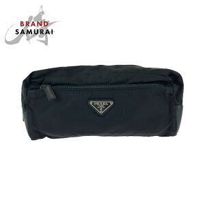 Prada Tessuto triangular logo plate black nylon pouch clutch bag